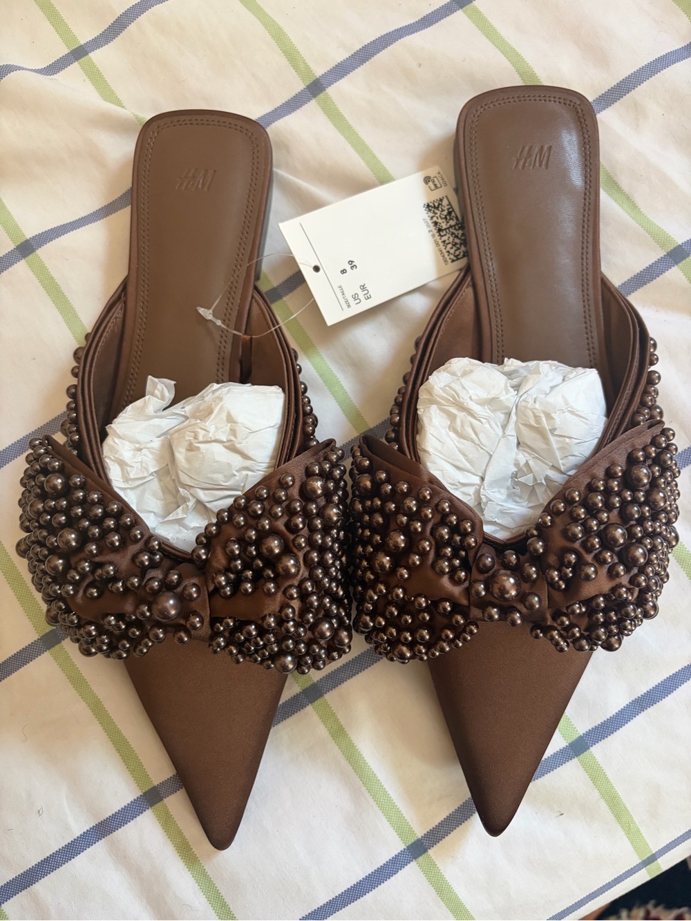 H&M Brown Beaded Pointed Toe Mule Slides
